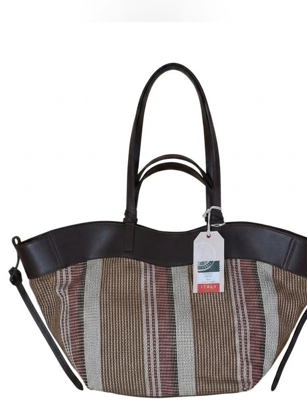 Divina Frienze Learher Handmade  Woven Stripe Tote Bag with Brown Leather Trim